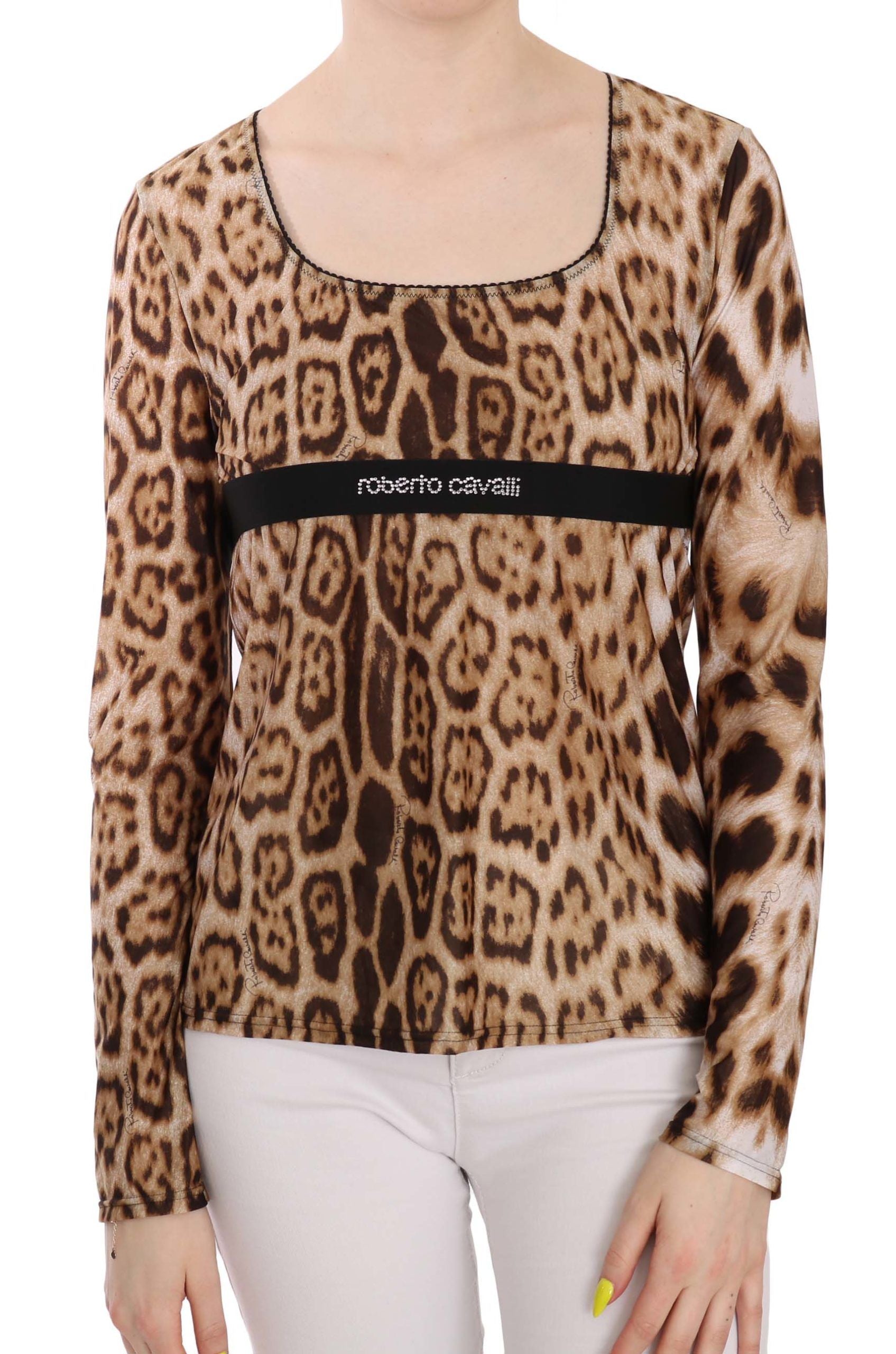 Brown Round Neck Leopard Women Top Blouse - Designed by Roberto Cavalli Available to Buy at a Discounted Price on Moon Behind The Hill Online Designer Discount Store