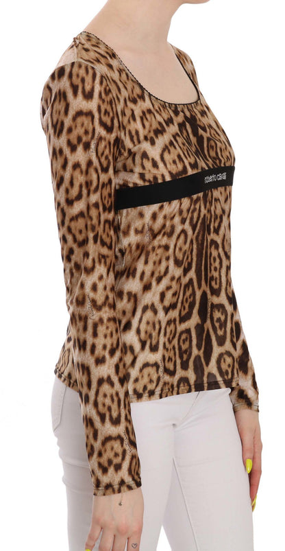 Brown Round Neck Leopard Women Top Blouse - Designed by Roberto Cavalli Available to Buy at a Discounted Price on Moon Behind The Hill Online Designer Discount Store