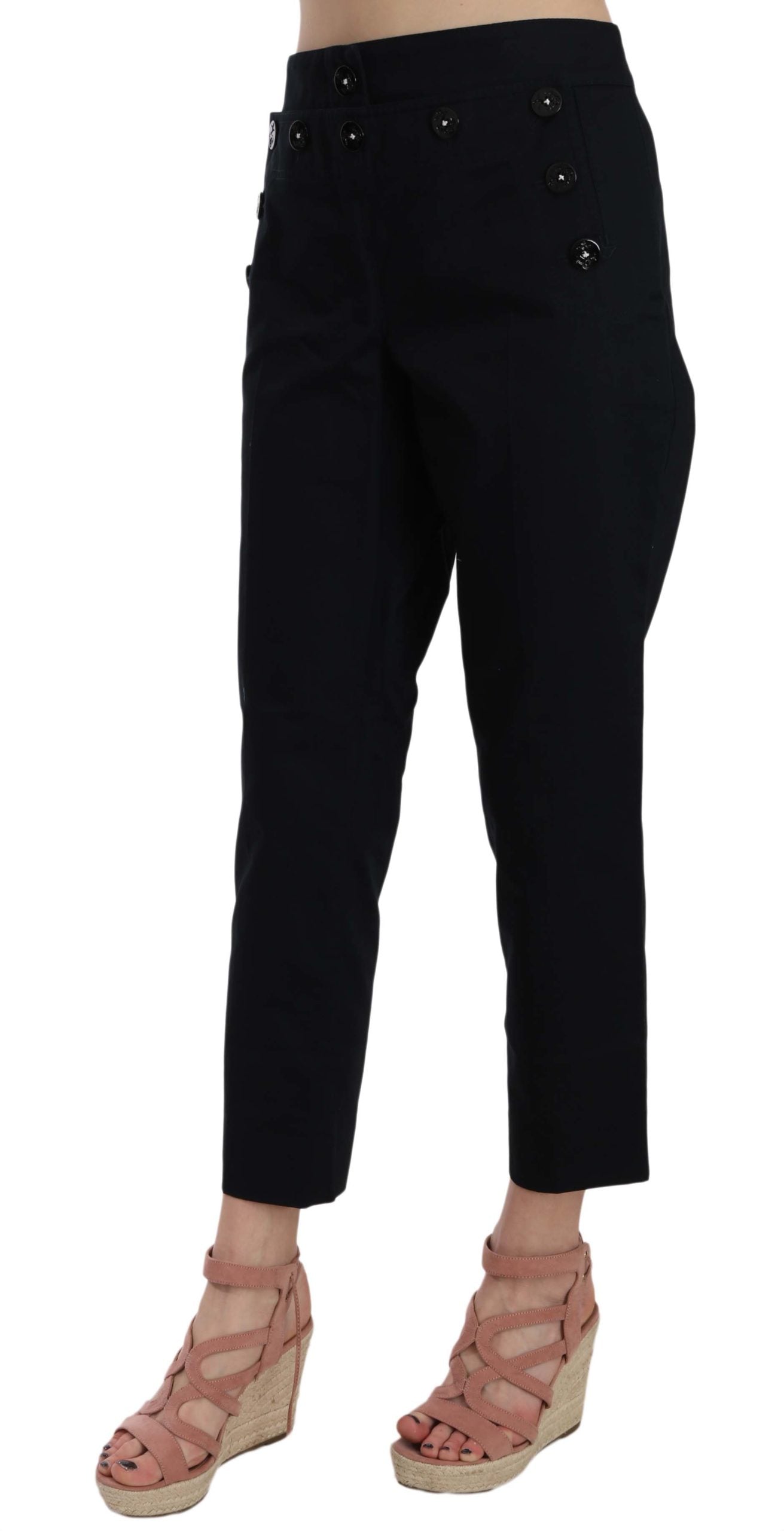 Black Cropped Front Button Embellished Pants - Designed by Dolce & Gabbana Available to Buy at a Discounted Price on Moon Behind The Hill Online Designer Discount Store