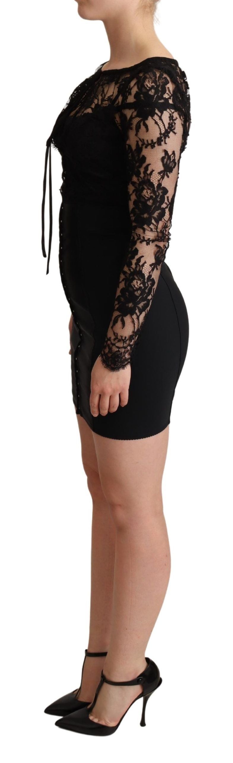 Black Fitted Lace Top Bodycon Mini Dress - Designed by Dolce & Gabbana Available to Buy at a Discounted Price on Moon Behind The Hill Online Designer Discount Store