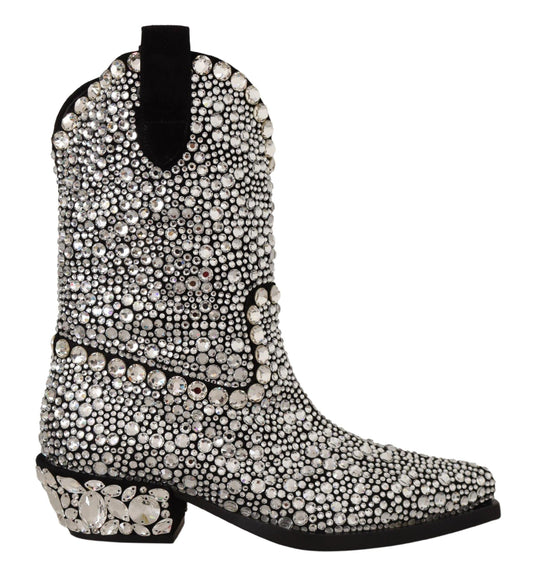 Black Suede Strass Crystal Cowgirl Boots - Designed by Dolce & Gabbana Available to Buy at a Discounted Price on Moon Behind The Hill Online Designer Discount Store
