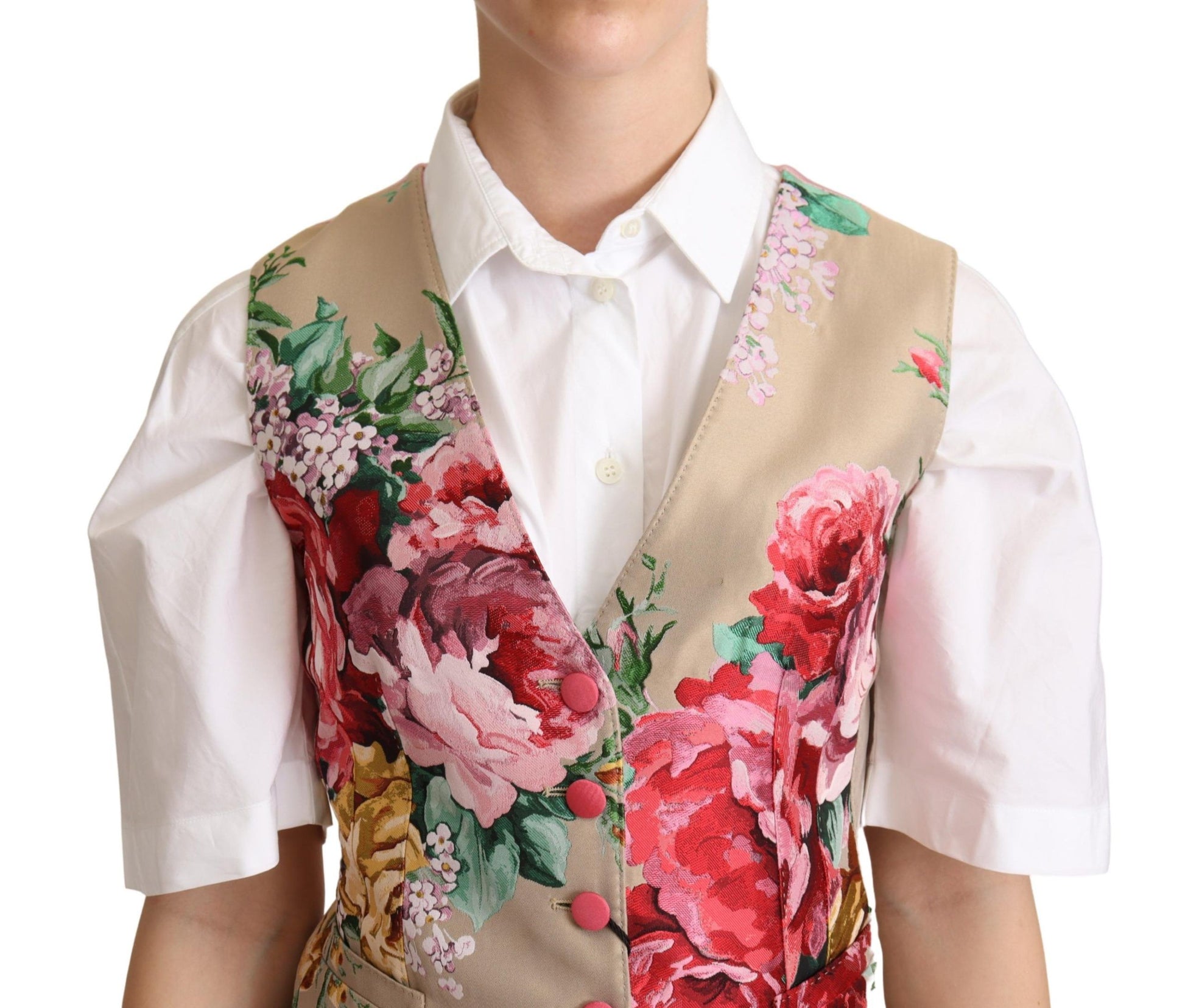 Dolce & Gabbana Beige Jacquard Floral Print Waistcoat Vest - Designed by Dolce & Gabbana Available to Buy at a Discounted Price on Moon Behind The Hill Online Designer Discount Store