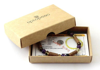 Amber Green Stretch Bracelet With Purple Amethyst and Hazelwood - Designed by TipTopEco Available to Buy at a Discounted Price on Moon Behind The Hill Online Designer Discount Store