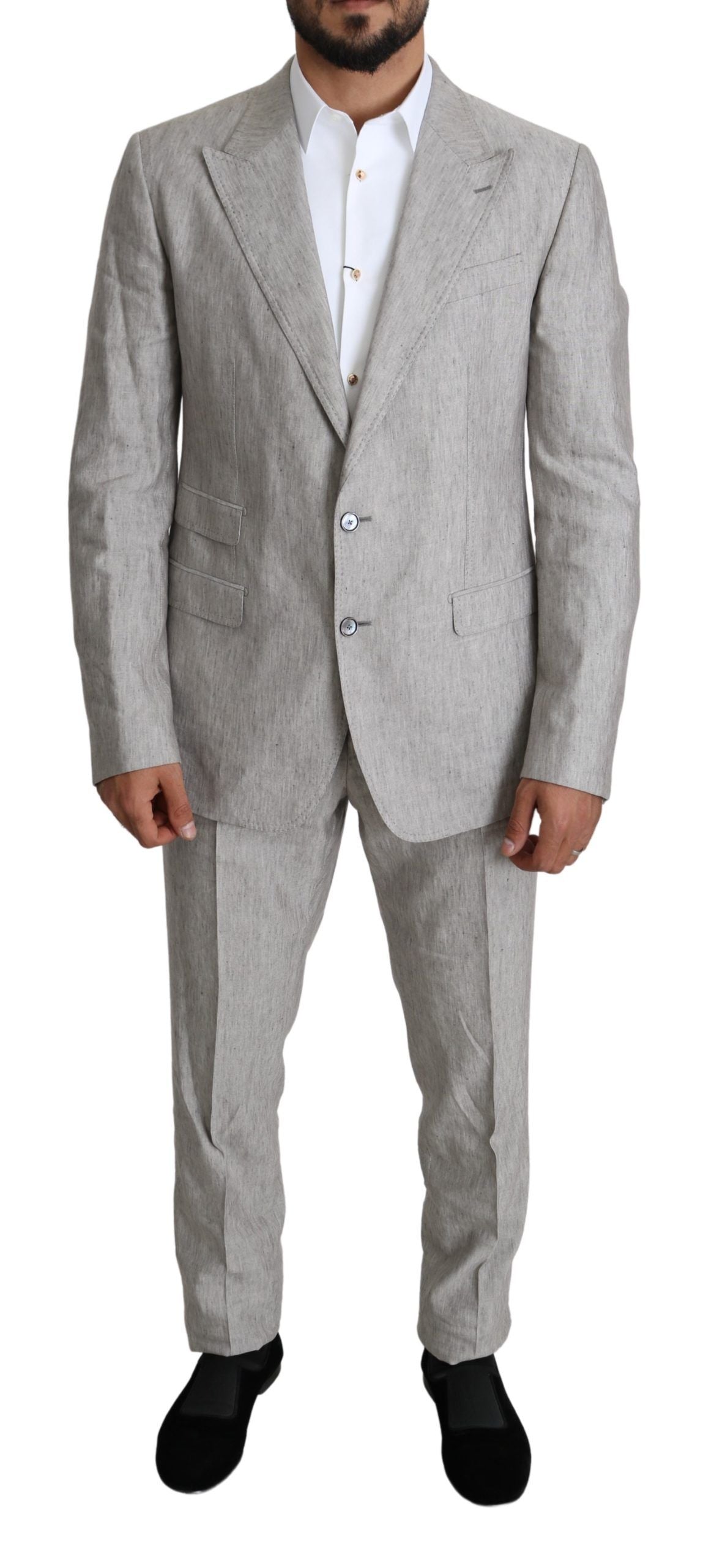 Dolce & Gabbana Men's Gray Single Breasted 2 Piece Linen NAPOLI Suit - Designed by Dolce & Gabbana Available to Buy at a Discounted Price on Moon Behind The Hill Online Designer Discount Stor
