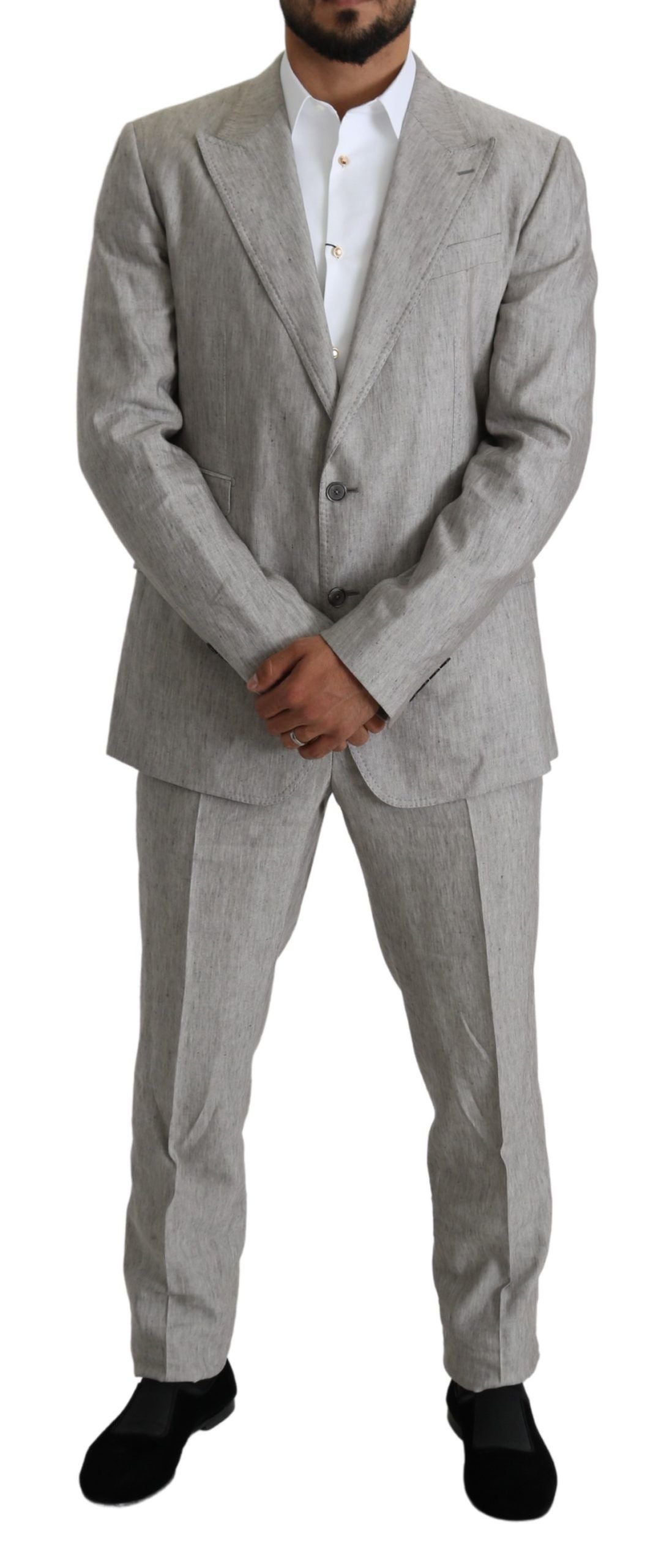 Dolce & Gabbana Men's Gray Single Breasted 2 Piece Linen NAPOLI Suit - Designed by Dolce & Gabbana Available to Buy at a Discounted Price on Moon Behind The Hill Online Designer Discount Stor