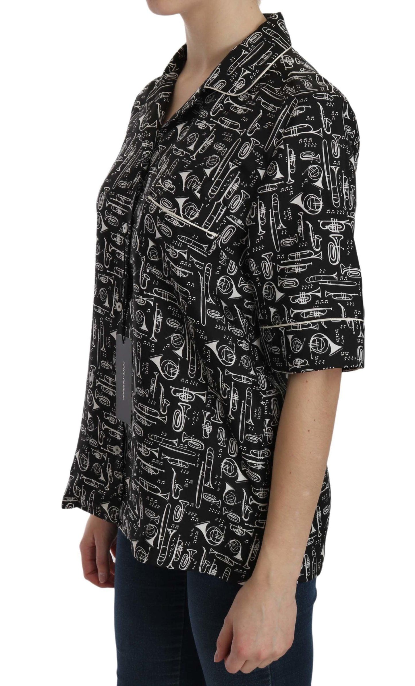Black Musical Instrument Print Silk  Top - Designed by Dolce & Gabbana Available to Buy at a Discounted Price on Moon Behind The Hill Online Designer Discount Store