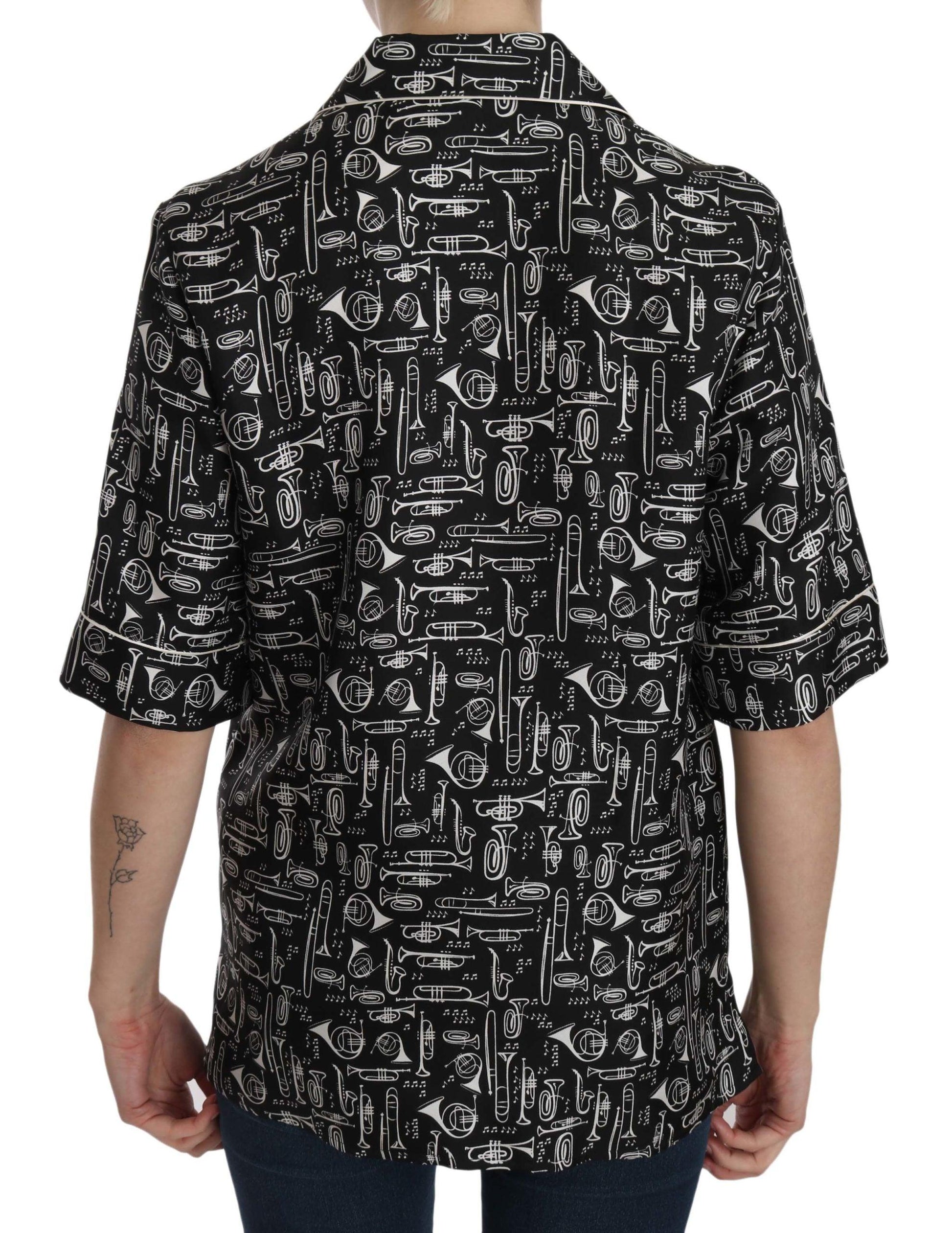 Black Musical Instrument Print Silk  Top - Designed by Dolce & Gabbana Available to Buy at a Discounted Price on Moon Behind The Hill Online Designer Discount Store