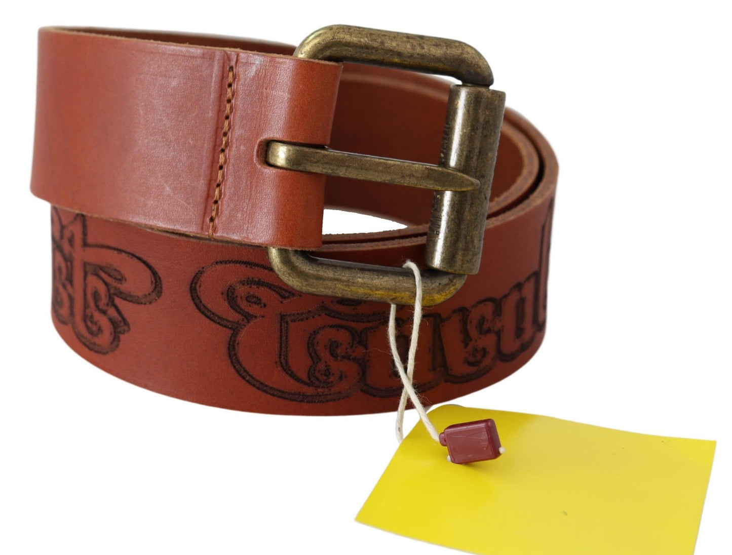 Brown Leather Logo Bronze Rustic Metal Buckle Belt - Designed by Just Cavalli Available to Buy at a Discounted Price on Moon Behind The Hill Online Designer Discount Store