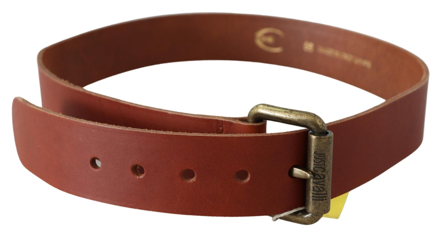 Brown Leather Logo Bronze Rustic Metal Buckle Belt - Designed by Just Cavalli Available to Buy at a Discounted Price on Moon Behind The Hill Online Designer Discount Store
