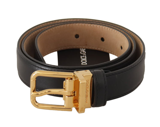 Black Calf Leather Gold Metal Logo Waist Buckle Belt - Designed by Dolce & Gabbana Available to Buy at a Discounted Price on Moon Behind The Hill Online Designer Discount Store