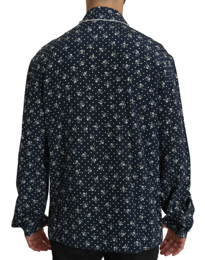 Blue Skull Print Silk Top Sleepwear Shirt - Designed by Dolce & Gabbana Available to Buy at a Discounted Price on Moon Behind The Hill Online Designer Discount Store