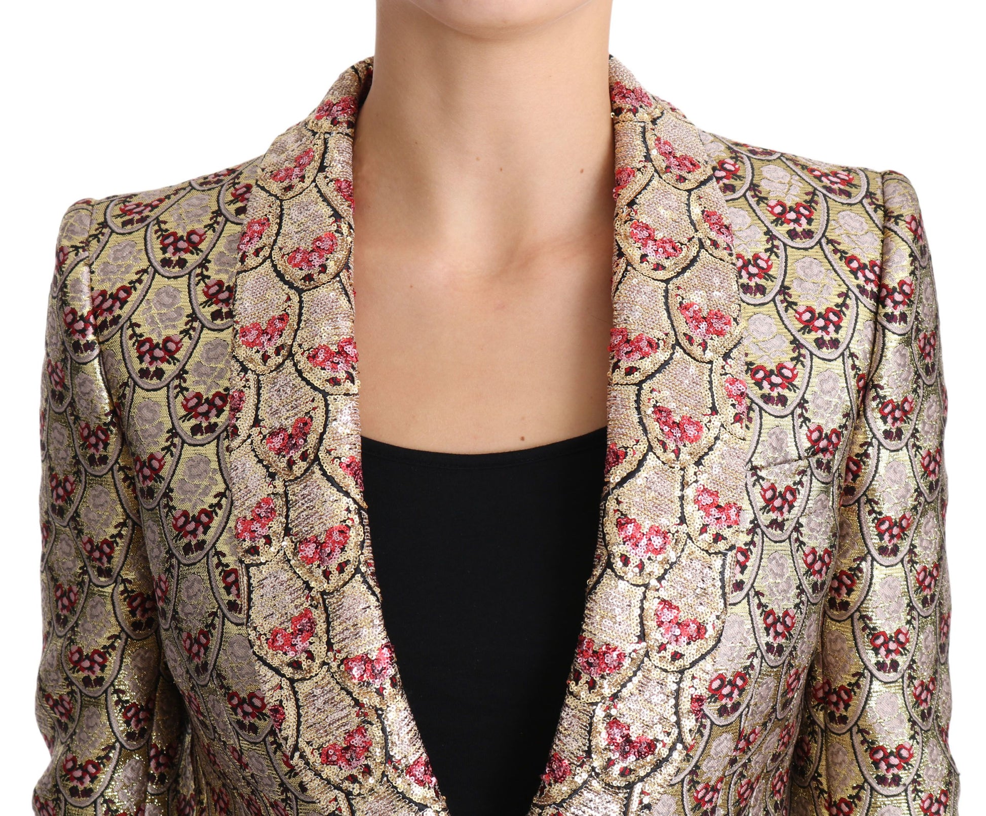 Gold Floral Sequined Blazer Coat Jacket - Designed by Dolce & Gabbana Available to Buy at a Discounted Price on Moon Behind The Hill Online Designer Discount Store