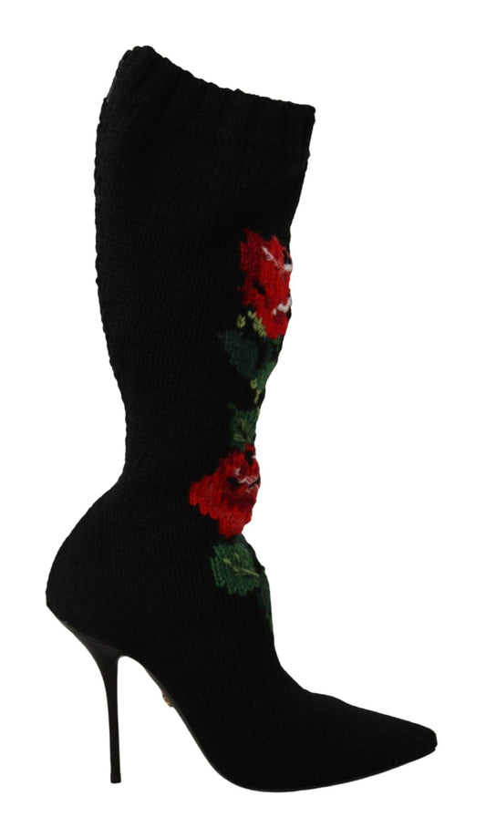 Dolce & Gabbana Black Stretch Socks Red Roses Booties Shoes - Designed by Dolce & Gabbana Available to Buy at a Discounted Price on Moon Behind The Hill Online Designer Discount Store