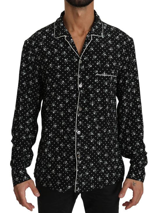 Black Skull Print Silk Sleepwear Shirt - Designed by Dolce & Gabbana Available to Buy at a Discounted Price on Moon Behind The Hill Online Designer Discount Store