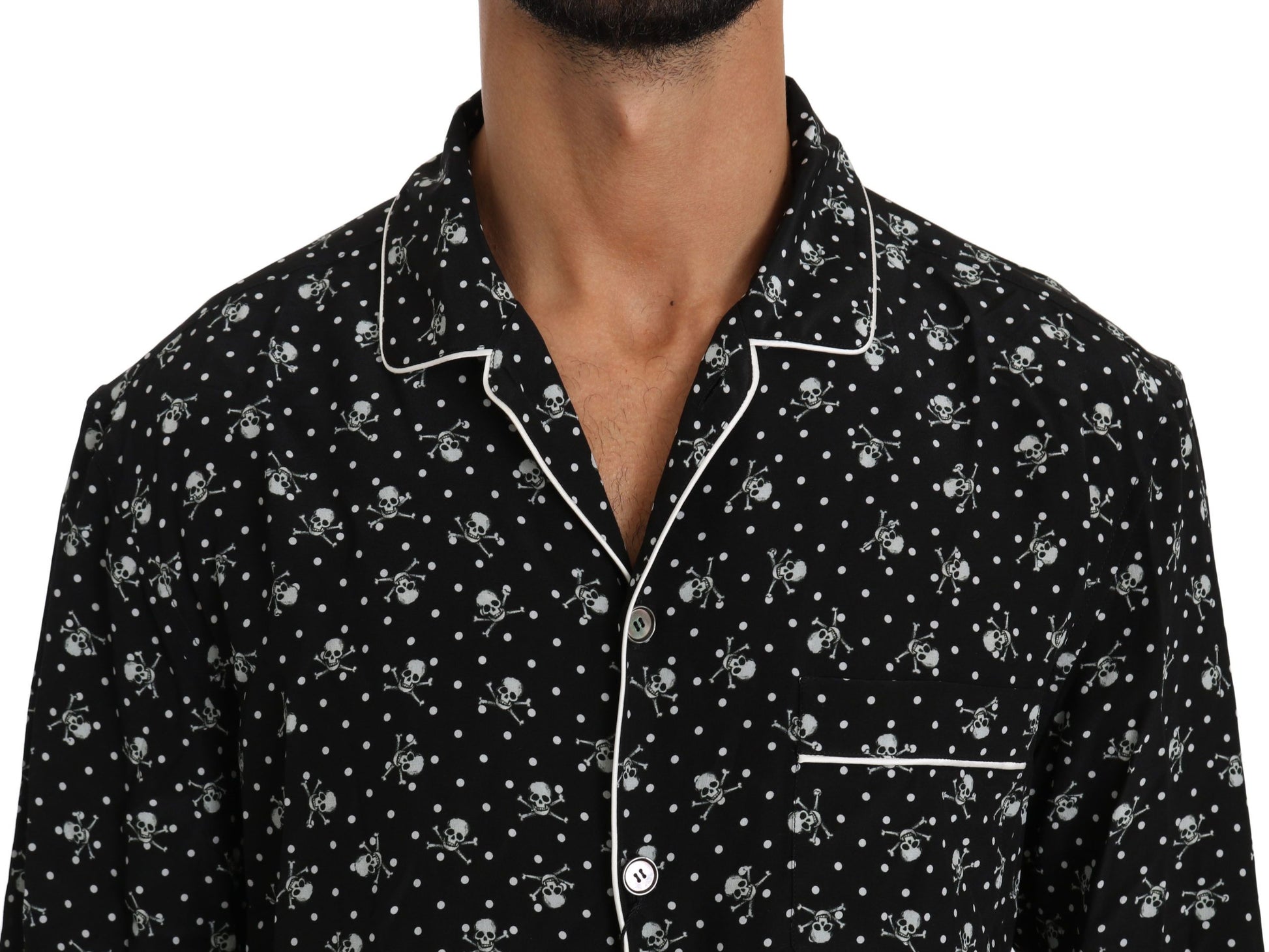 Black Skull Print Silk Sleepwear Shirt - Designed by Dolce & Gabbana Available to Buy at a Discounted Price on Moon Behind The Hill Online Designer Discount Store