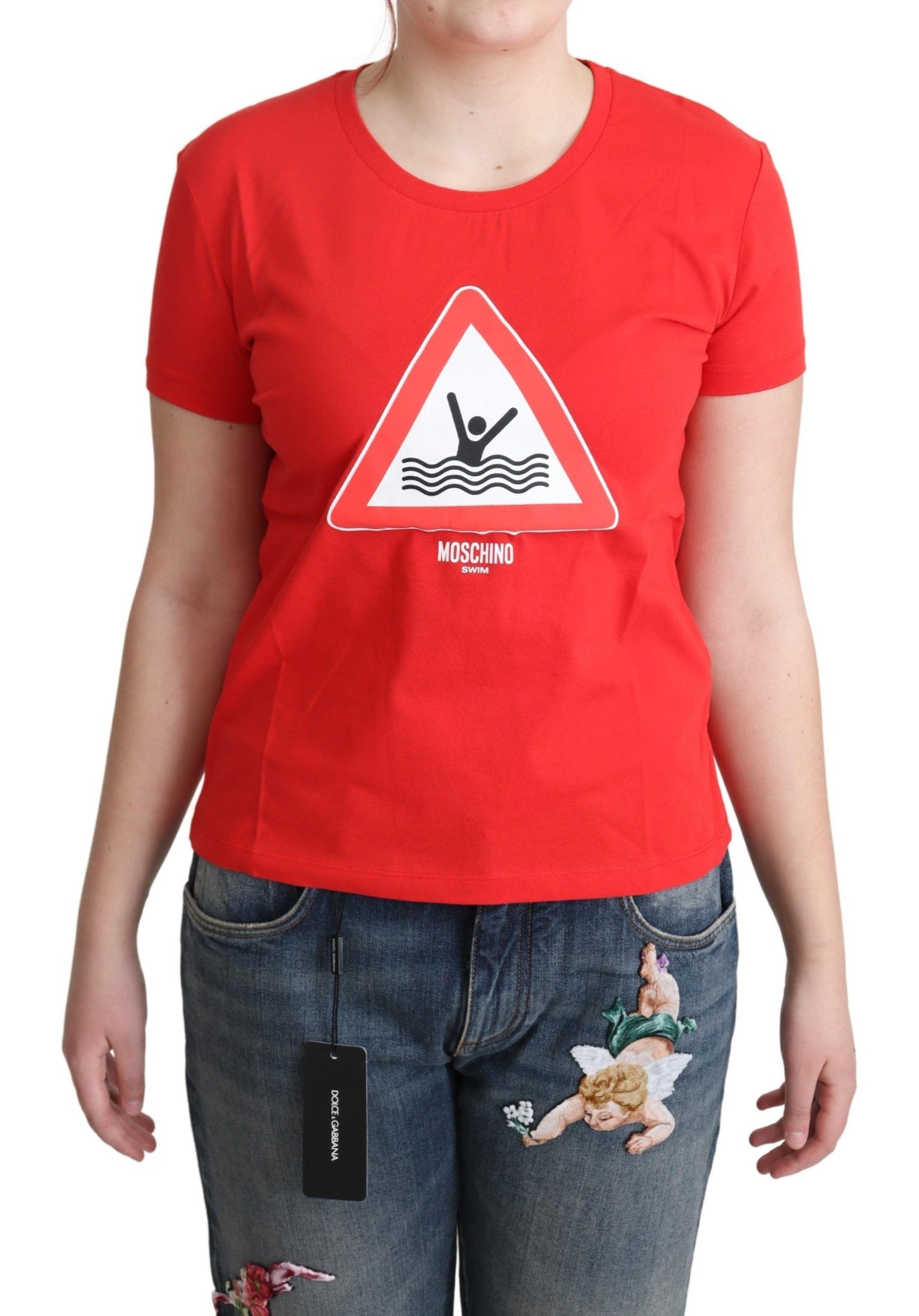 Red Cotton Swim Graphic Triangle Print  T-shirt