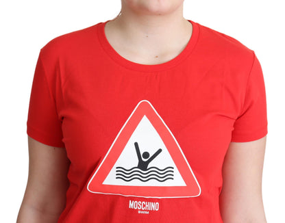 Red Cotton Swim Graphic Triangle Print  T-shirt