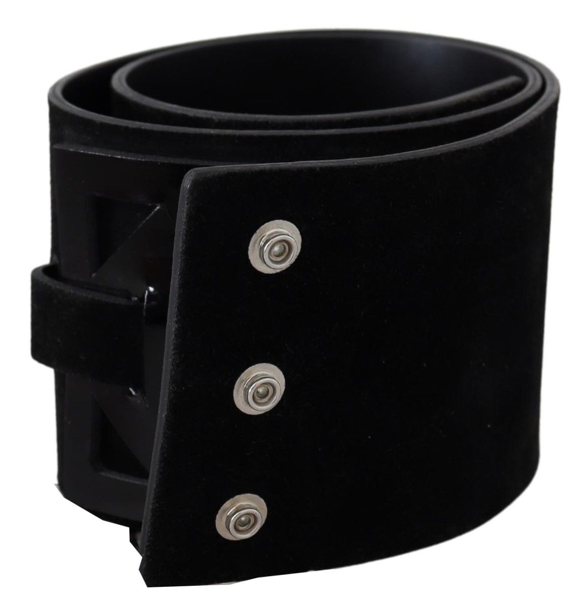 Black Leather Wide Silver Logo Design Buckle Belt - Designed by GF Ferre Available to Buy at a Discounted Price on Moon Behind The Hill Online Designer Discount Store