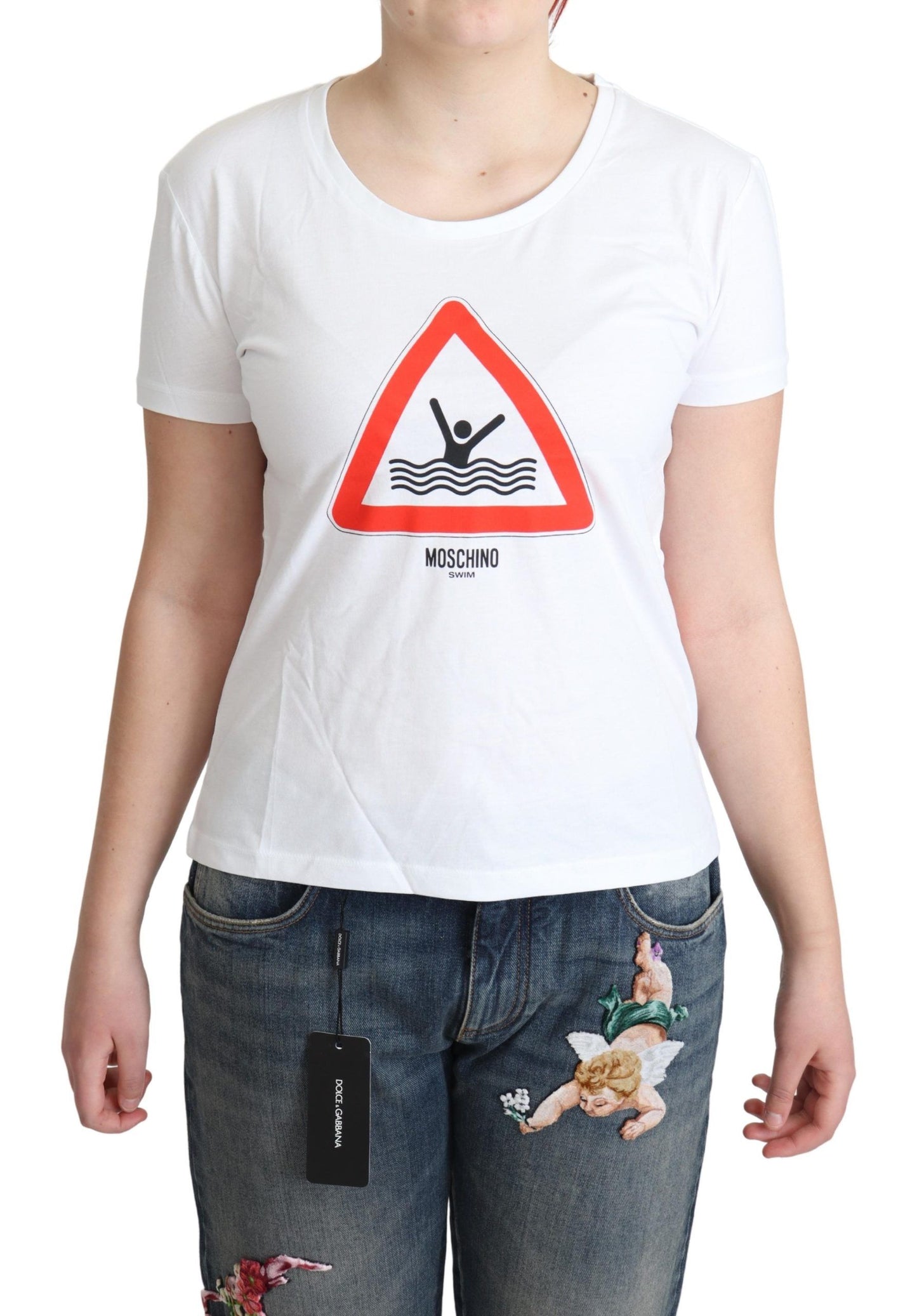 White Cotton Graphic Triangle Print T-shirt
