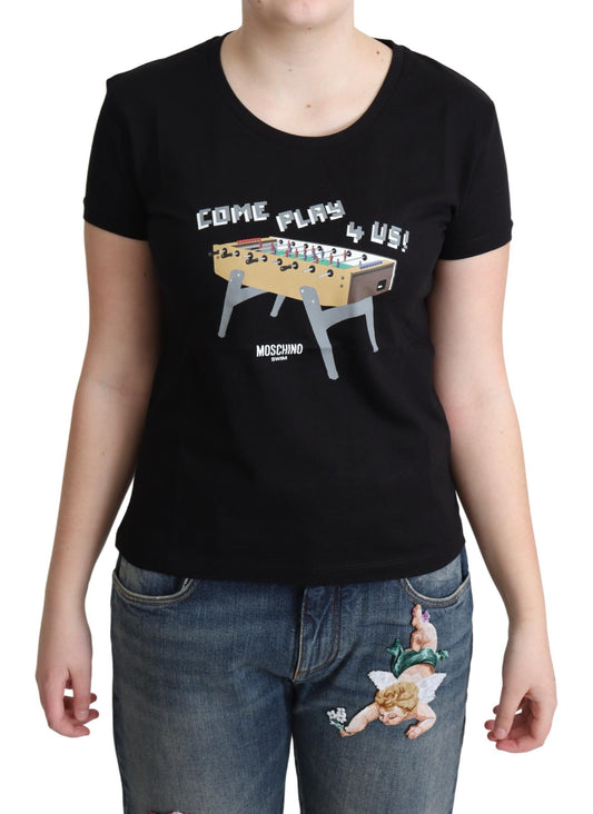 Black Cotton Come Play 4 Us Print Tops T-shirt - Designed by Moschino Available to Buy at a Discounted Price on Moon Behind The Hill Online Designer Discount Store
