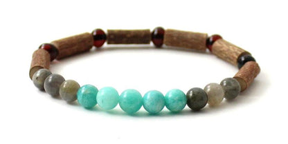 Amber Cherry Stretch Bracelet With Amazonite, Labradorite and Hazelwood - Designed by TipTopEco Available to Buy at a Discounted Price on Moon Behind The Hill Online Designer Discount Store