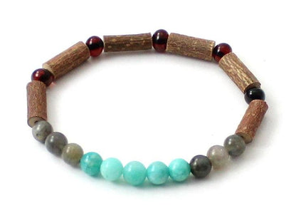 Amber Cherry Stretch Bracelet With Amazonite, Labradorite and Hazelwood - Designed by TipTopEco Available to Buy at a Discounted Price on Moon Behind The Hill Online Designer Discount Store