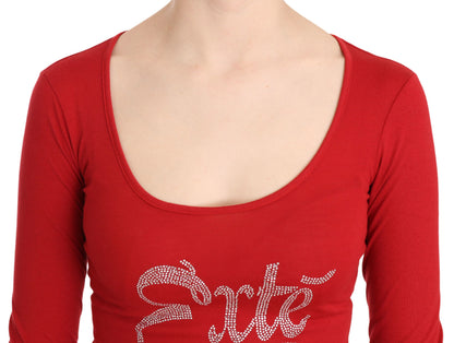 Red Exte Crystal Embellished Long Sleeve Top Blouse