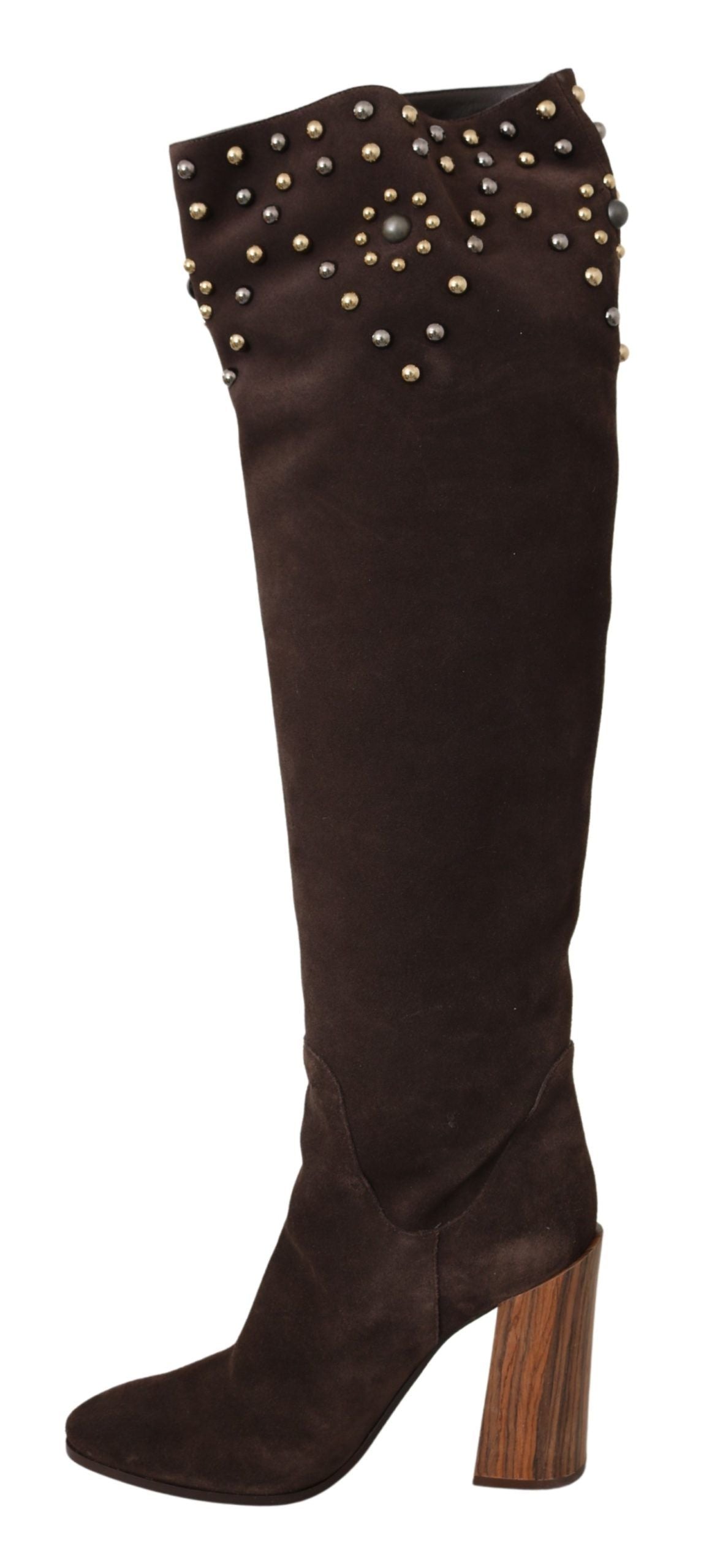 Brown Suede Studded Knee High Shoes Boots - Designed by Dolce & Gabbana Available to Buy at a Discounted Price on Moon Behind The Hill Online Designer Discount Store