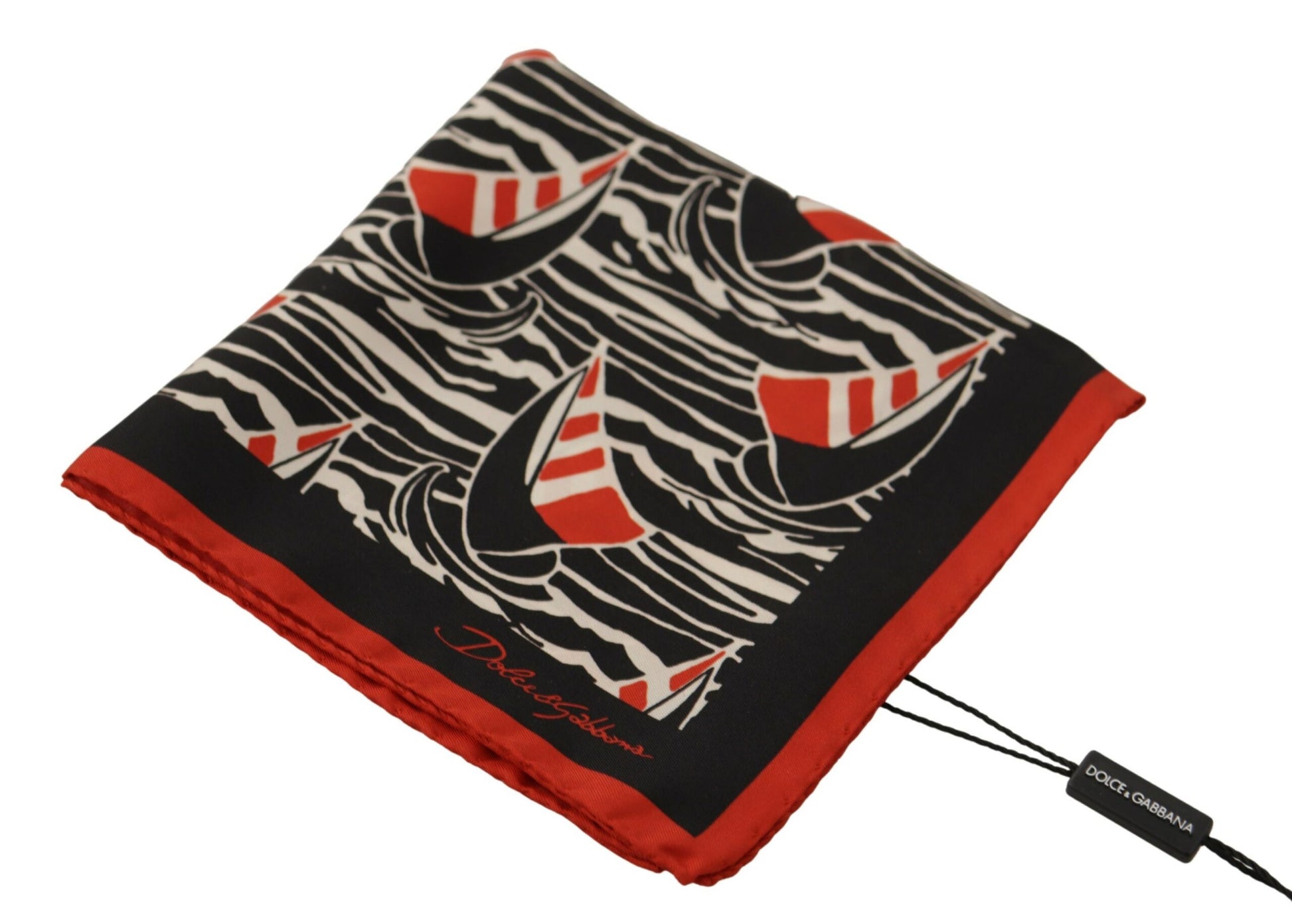 Dolce & Gabbana Black Red Sailboat Square Handkerchief Silk Scarf - Designed by Dolce & Gabbana Available to Buy at a Discounted Price on Moon Behind The Hill Online Designer Discount Store