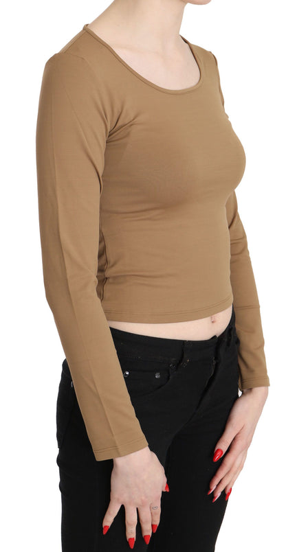 Brown Round Neck Long Sleeve Slim Crop Top Blouse - Designed by GF Ferre Available to Buy at a Discounted Price on Moon Behind The Hill Online Designer Discount Store