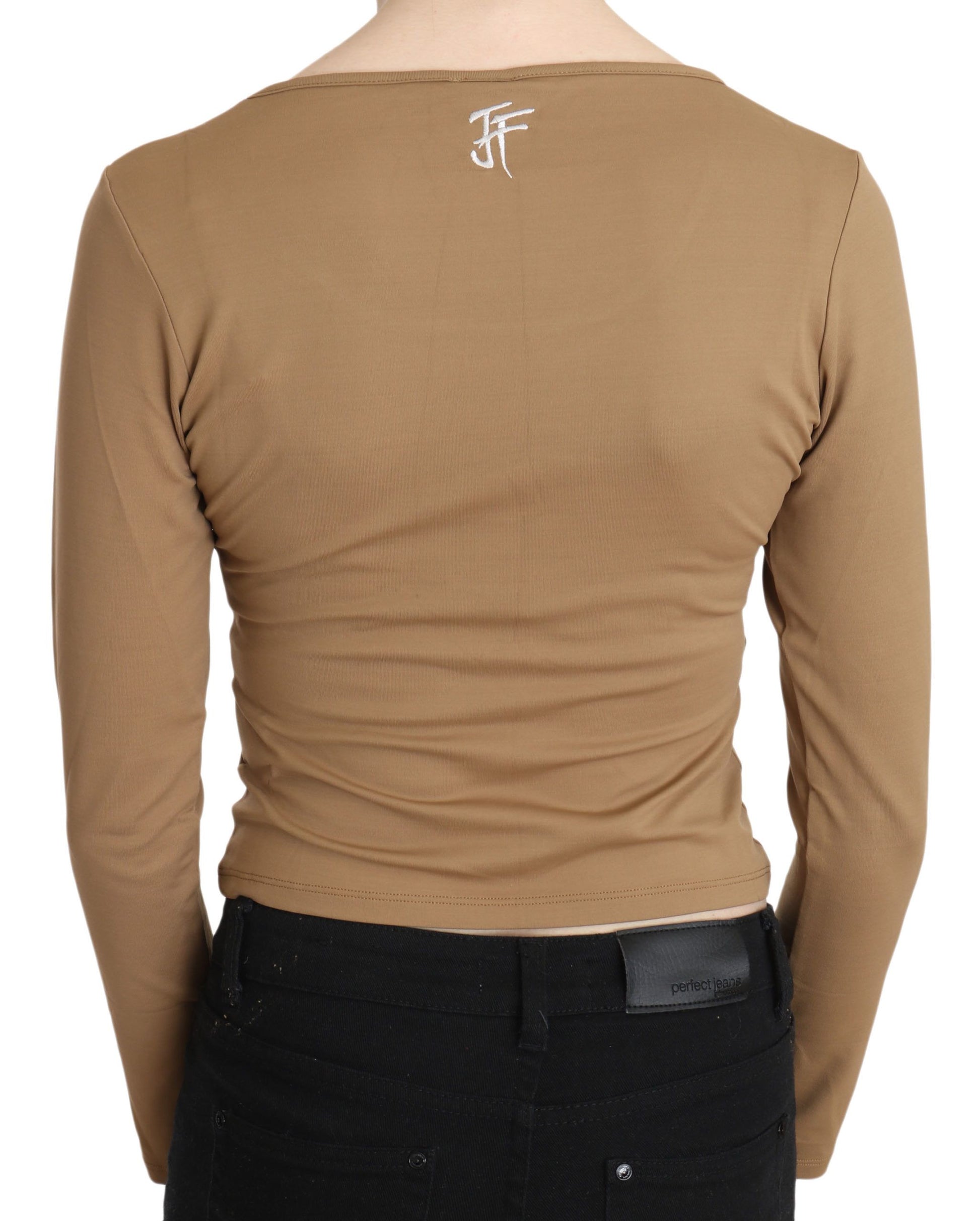 Brown Round Neck Long Sleeve Slim Crop Top Blouse - Designed by GF Ferre Available to Buy at a Discounted Price on Moon Behind The Hill Online Designer Discount Store