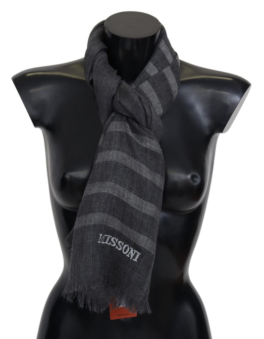 Missoni Grey Striped Wool Unisex Neck Wrap Fringes Scarf