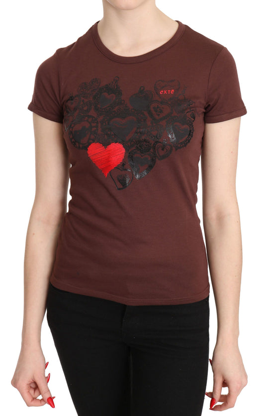 Brown Hearts Printed Round Neck T-shirt Top - Designed by Exte Available to Buy at a Discounted Price on Moon Behind The Hill Online Designer Discount Store