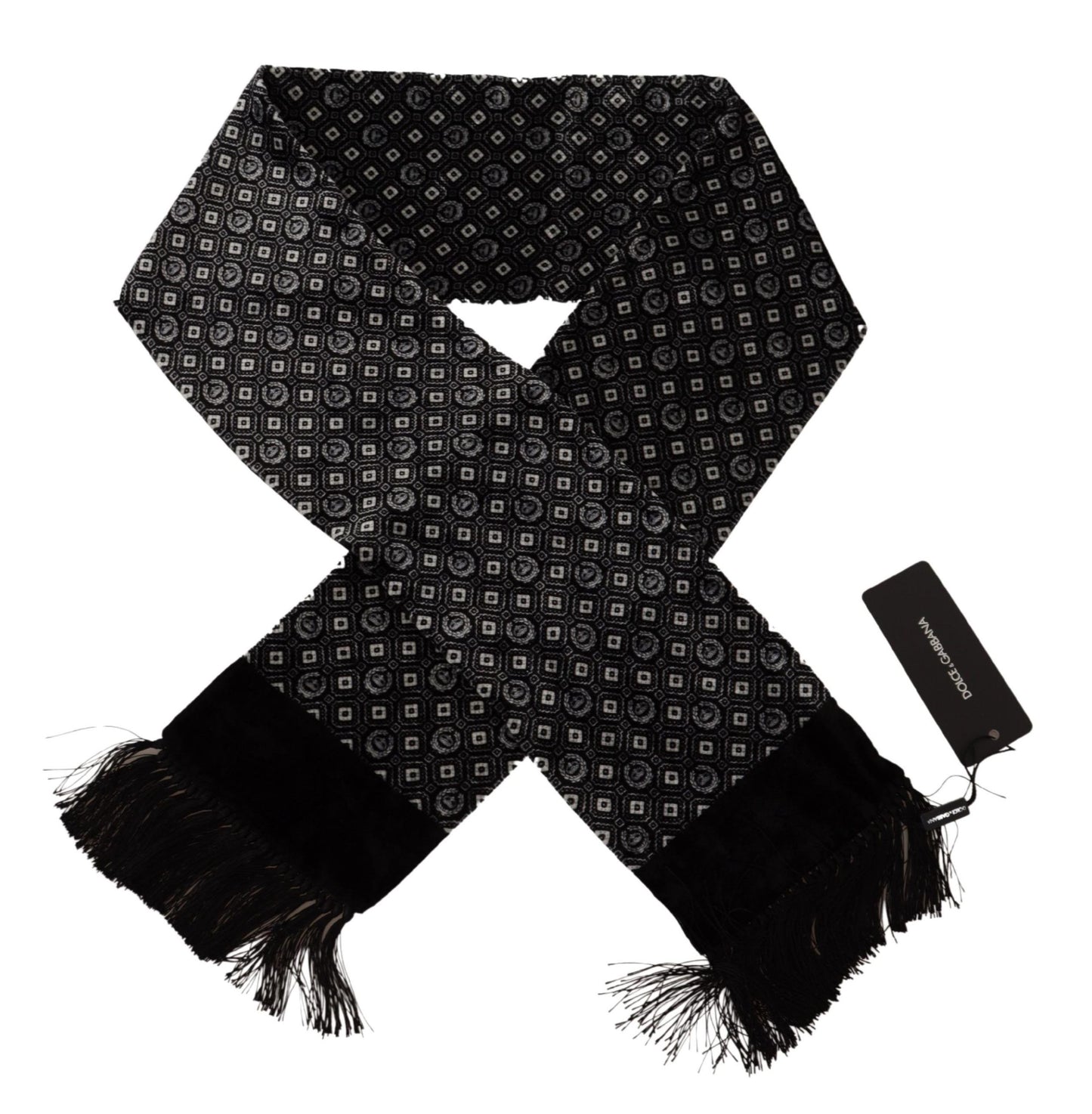 Dolce & Gabbana Black Geometric Patterned Shawl Wrap Fringe Scarf - Designed by Dolce & Gabbana Available to Buy at a Discounted Price on Moon Behind The Hill Online Designer Discount Store