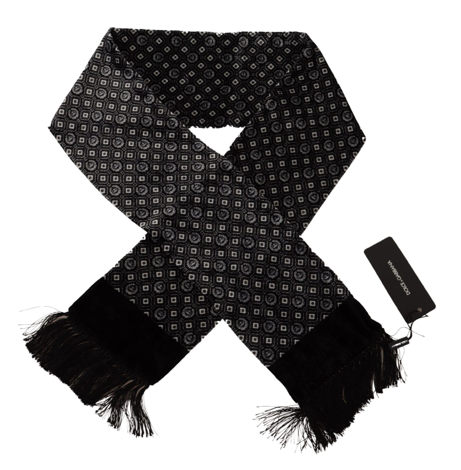 Dolce & Gabbana Black Geometric Patterned Shawl Wrap Fringe Scarf - Designed by Dolce & Gabbana Available to Buy at a Discounted Price on Moon Behind The Hill Online Designer Discount Store
