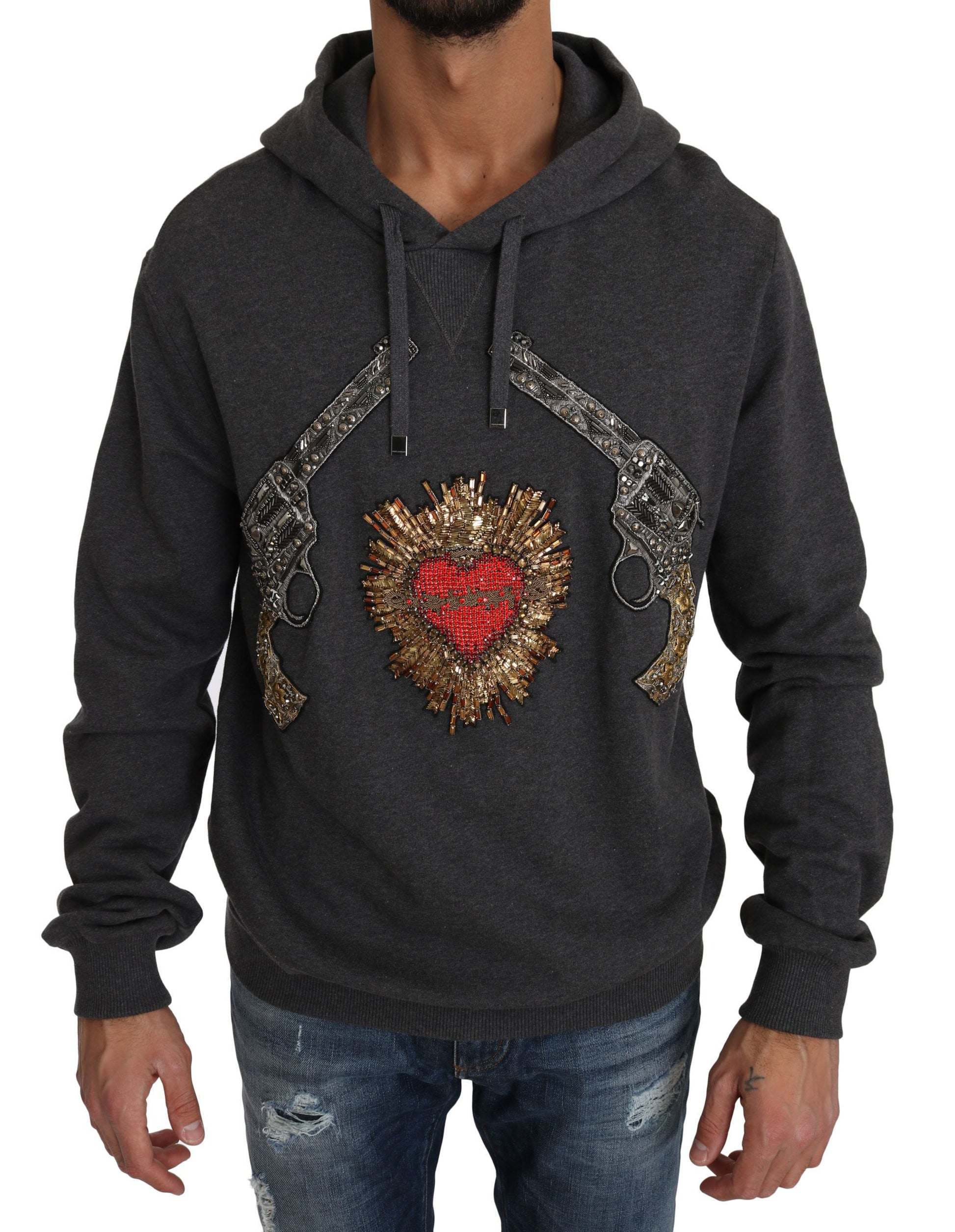 Gray Hooded Red Crystal Heart Gun Sweater - Designed by Dolce & Gabbana Available to Buy at a Discounted Price on Moon Behind The Hill Online Designer Discount Store