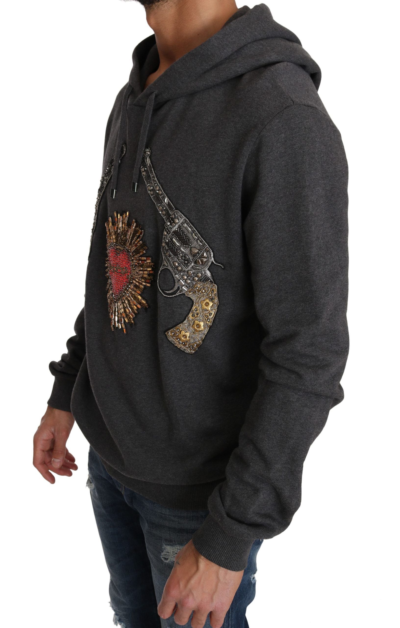 Gray Hooded Red Crystal Heart Gun Sweater - Designed by Dolce & Gabbana Available to Buy at a Discounted Price on Moon Behind The Hill Online Designer Discount Store