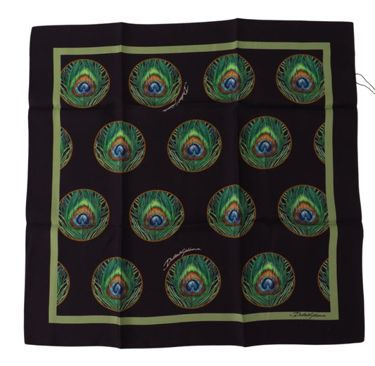 Dolce & Gabbana Black Peacock Feather DG Printed Square Handkerchief Scarf - Designed by Dolce & Gabbana Available to Buy at a Discounted Price on Moon Behind The Hill Online Designer Discoun