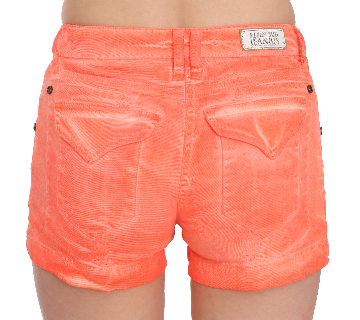 Orange Mid Waist Cotton Denim Mini Shorts designed by PLEIN SUD available from Moon Behind The Hill's Women's Clothing range