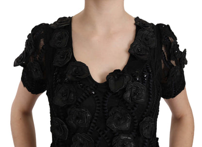 Black Silk Leather Flowers Sheath Dress - Designed by John Richmond Available to Buy at a Discounted Price on Moon Behind The Hill Online Designer Discount Store
