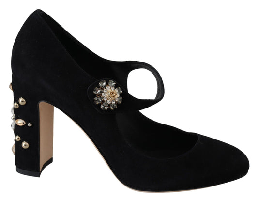 Dolce & Gabbana Black Suede Crystal Heels Mary Jane Shoes - Designed by Dolce & Gabbana Available to Buy at a Discounted Price on Moon Behind The Hill Online Designer Discount Store