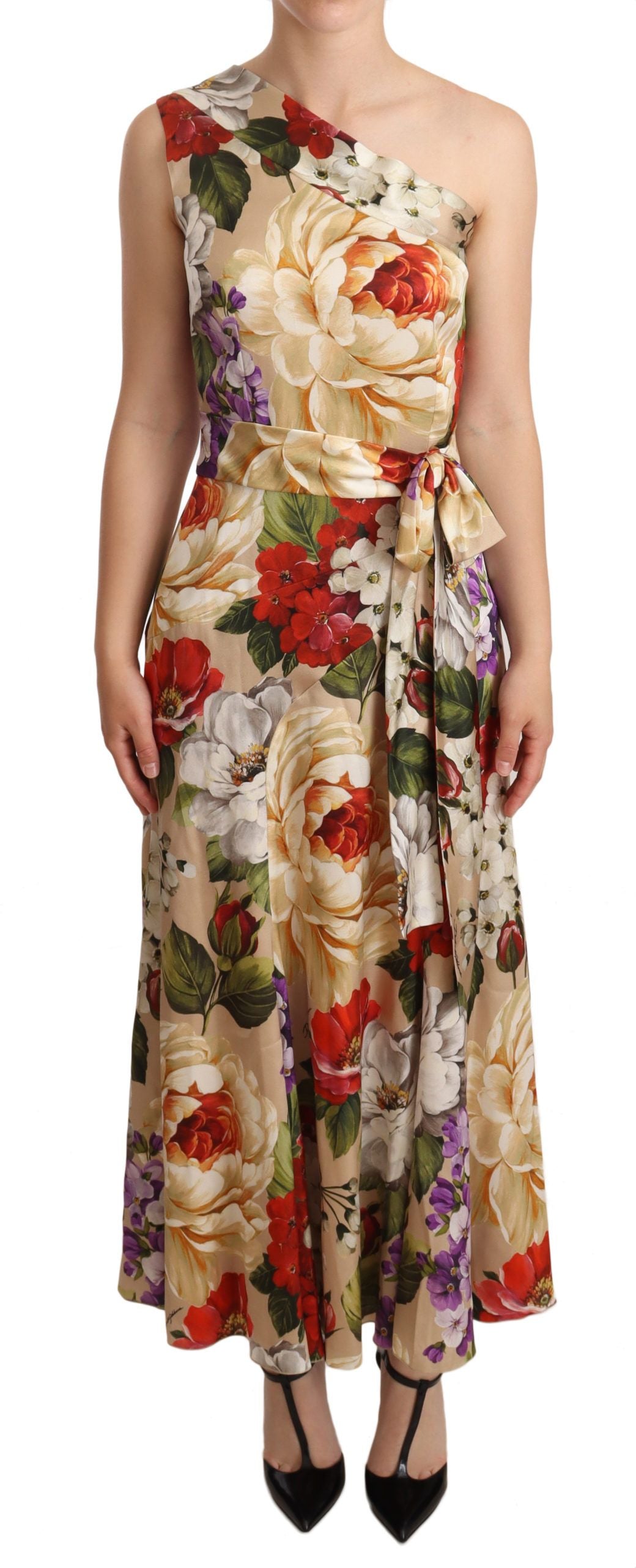 Beige One Shoulder Floral Mid Length Dress - Designed by Dolce & Gabbana Available to Buy at a Discounted Price on Moon Behind The Hill Online Designer Discount Store