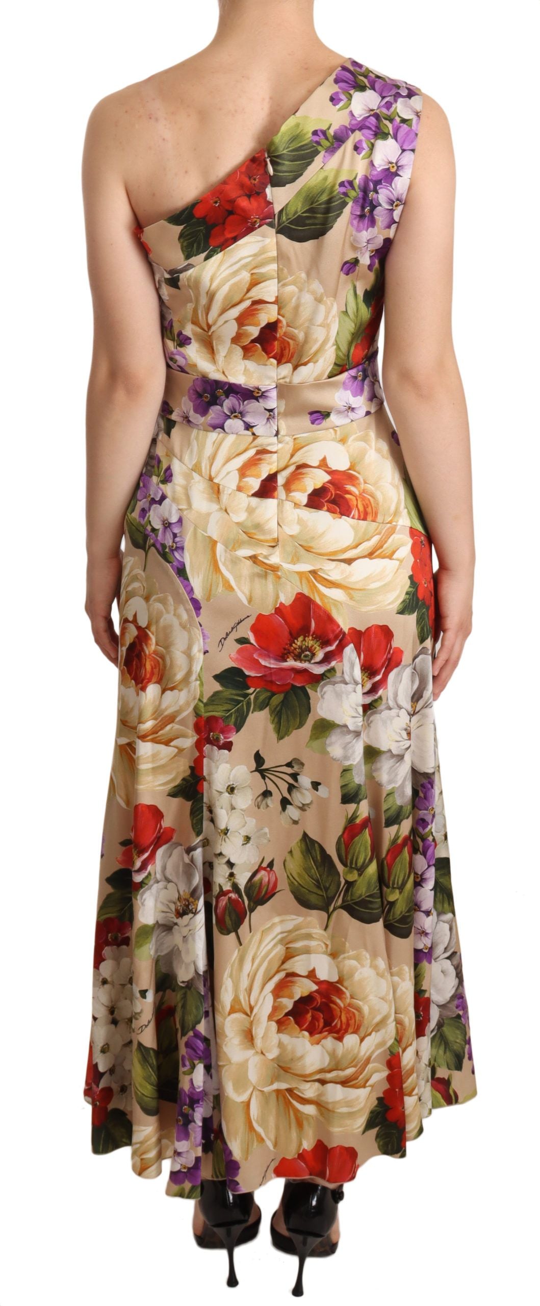 Beige One Shoulder Floral Mid Length Dress - Designed by Dolce & Gabbana Available to Buy at a Discounted Price on Moon Behind The Hill Online Designer Discount Store