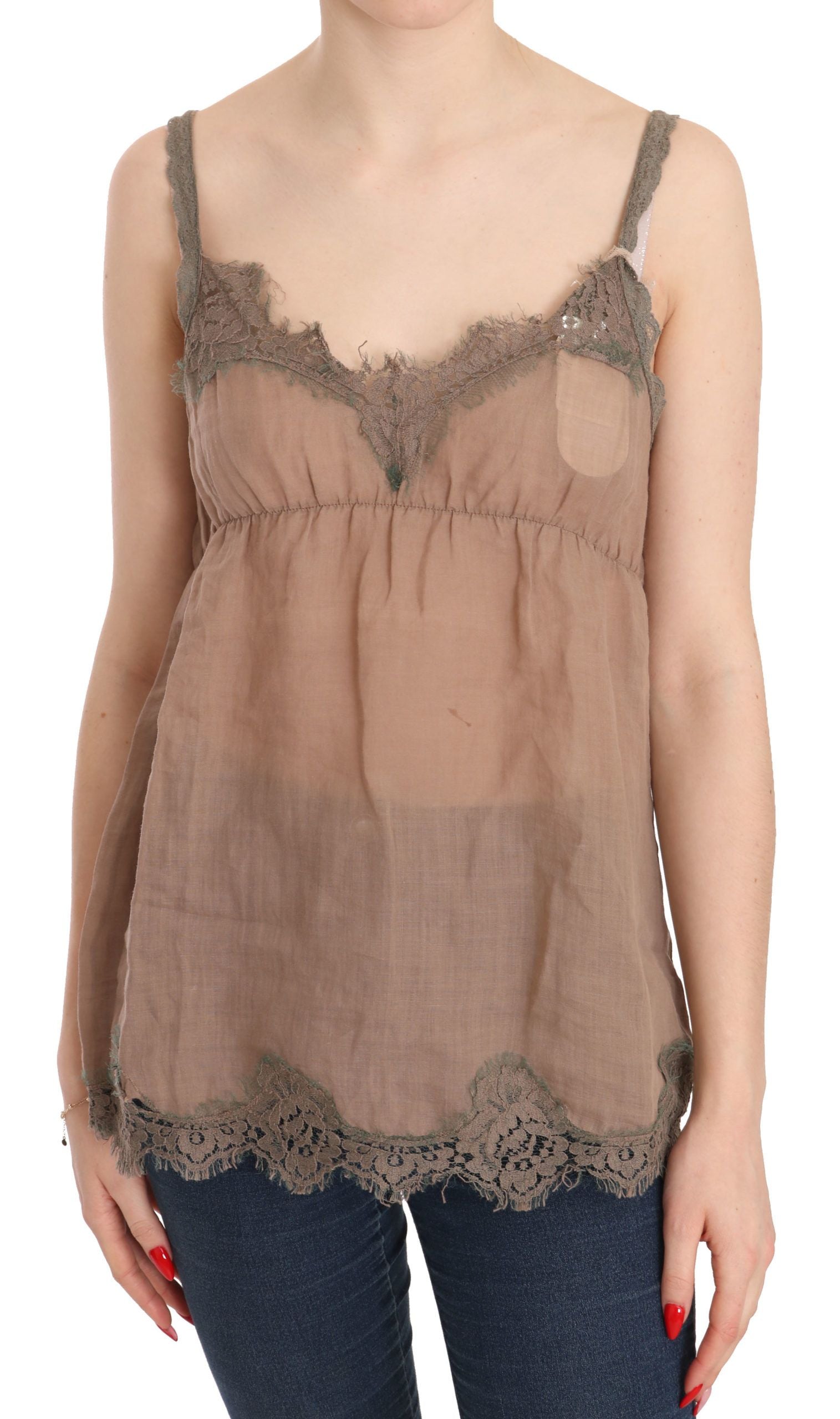 Brown Lace Spaghetti Strap Plunging Top Blouse - Designed by PINK MEMORIES Available to Buy at a Discounted Price on Moon Behind The Hill Online Designer Discount Store