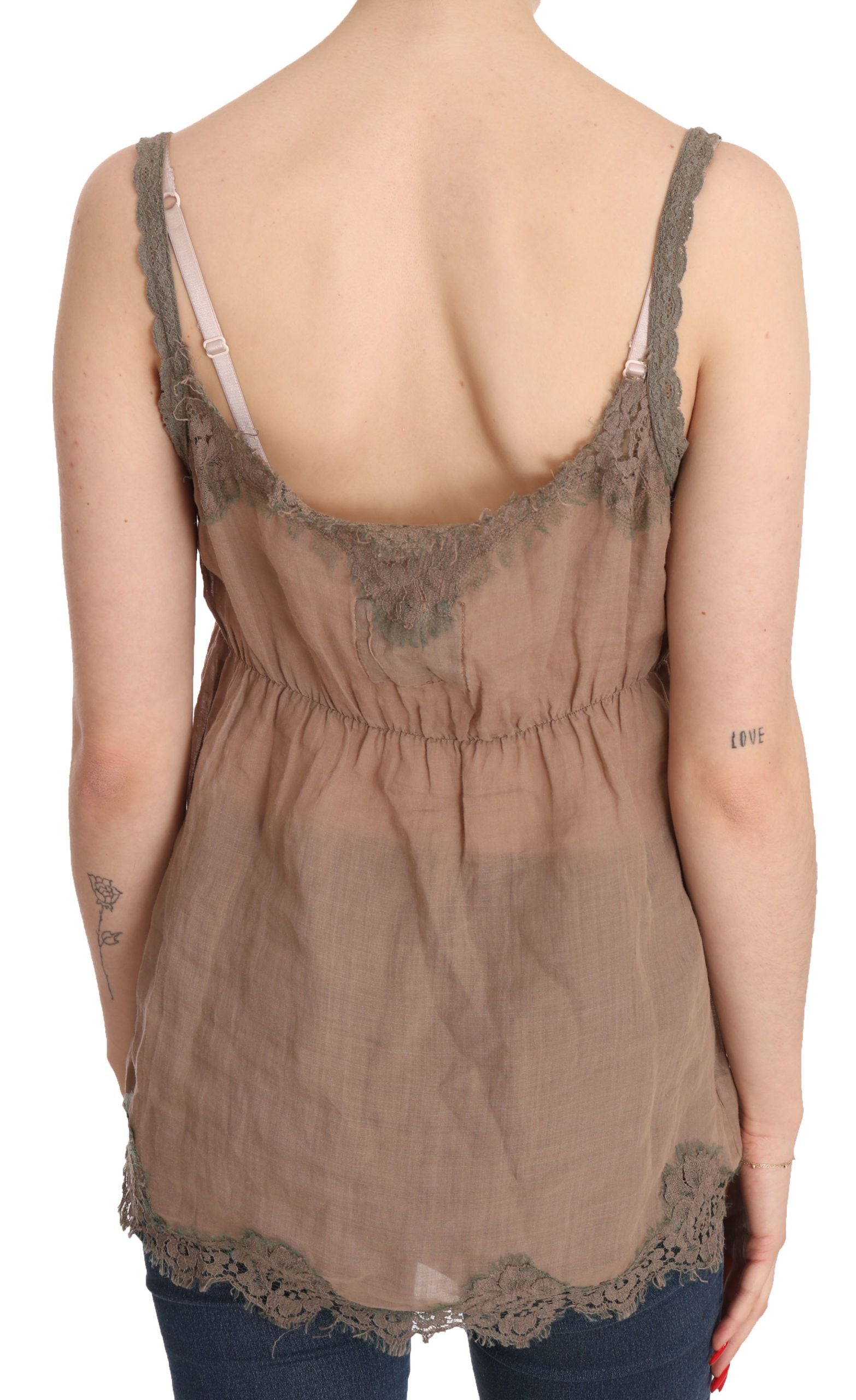 Brown Lace Spaghetti Strap Plunging Top Blouse - Designed by PINK MEMORIES Available to Buy at a Discounted Price on Moon Behind The Hill Online Designer Discount Store