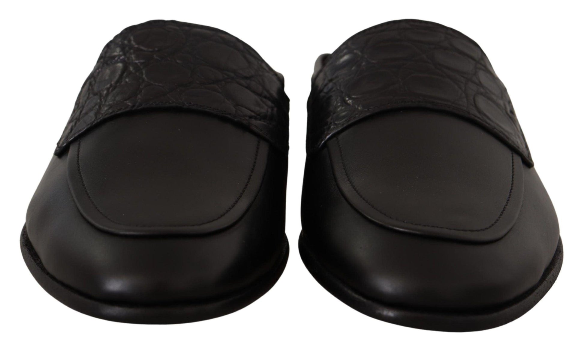 Black Leather Caiman Sandals Slides Slip Shoes - Designed by Dolce & Gabbana Available to Buy at a Discounted Price on Moon Behind The Hill Online Designer Discount Store
