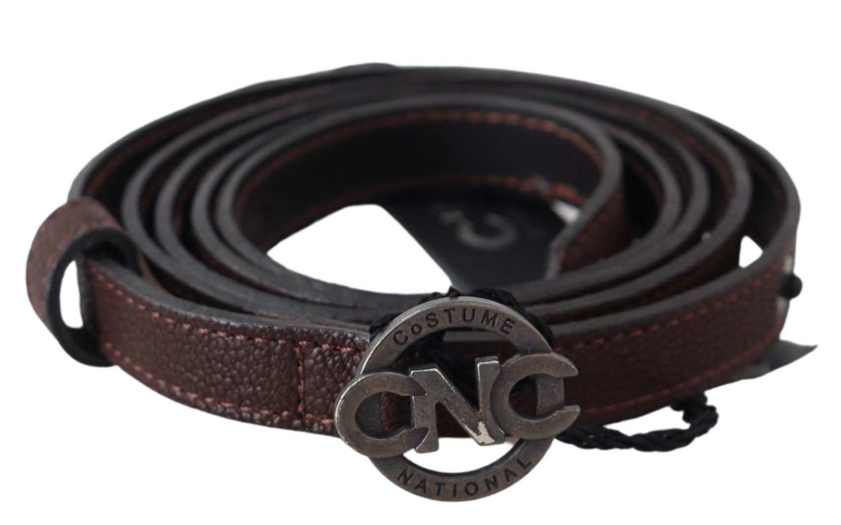Brown Skinny Leather Round Logo Buckle Belt - Designed by Costume National Available to Buy at a Discounted Price on Moon Behind The Hill Online Designer Discount Store