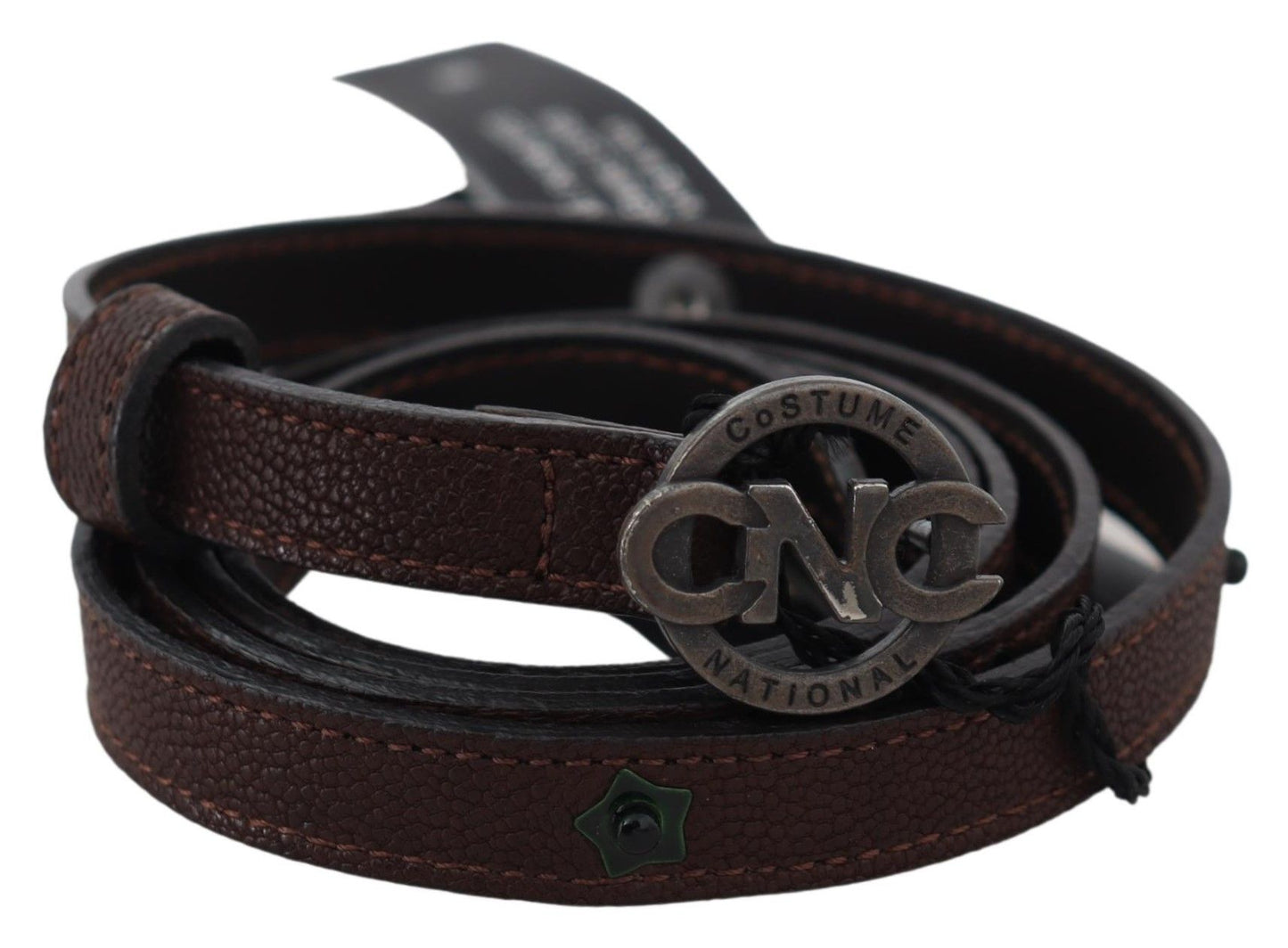Brown Skinny Leather Round Logo Buckle Belt - Designed by Costume National Available to Buy at a Discounted Price on Moon Behind The Hill Online Designer Discount Store