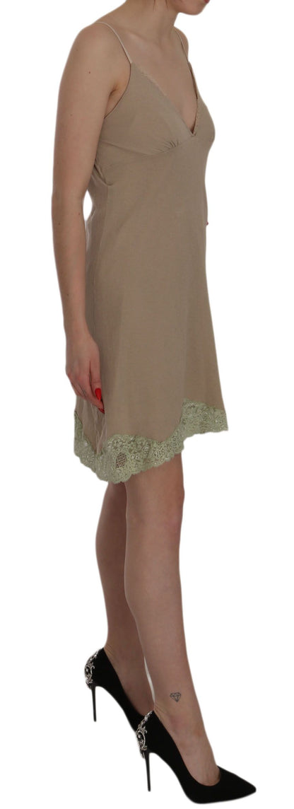 Beige Lace Spaghetti Strap Mini Cotton Dress - Designed by PINK MEMORIES Available to Buy at a Discounted Price on Moon Behind The Hill Online Designer Discount Store