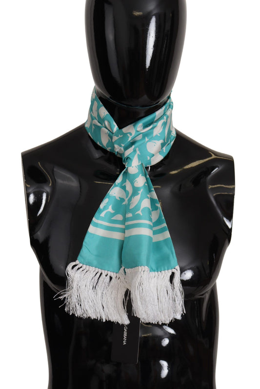 Dolce & Gabbana Blue Whale Printed Shawl Wrap Fringe Silk Teal Scarf - Designed by Dolce & Gabbana Available to Buy at a Discounted Price on Moon Behind The Hill Online Designer Discount Stor